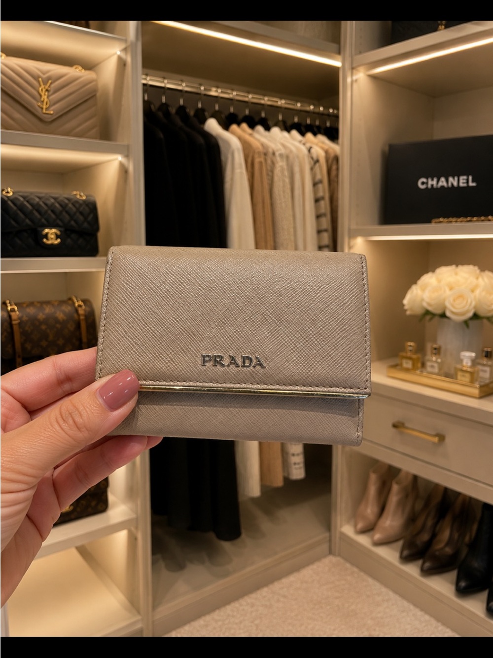 Prada Small Saffiano Leather Trifold Wallet in Light Taupe